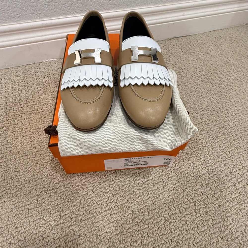 Hermes Beige and Black Moccasins
